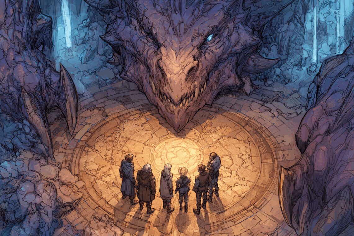 Un groupe de six aventuriers au milieu d'une salle, face à eux un dragon immense et ses griffes de chaque côté.