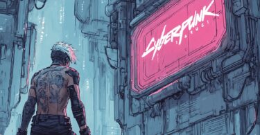 Un homme tatoué, assis de dos, coupe punk dans une ville cyberpunk avec un panneau qui dit cyberpunk.