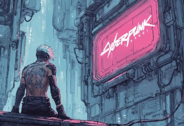 Un homme tatoué, assis de dos, coupe punk dans une ville cyberpunk avec un panneau qui dit cyberpunk.