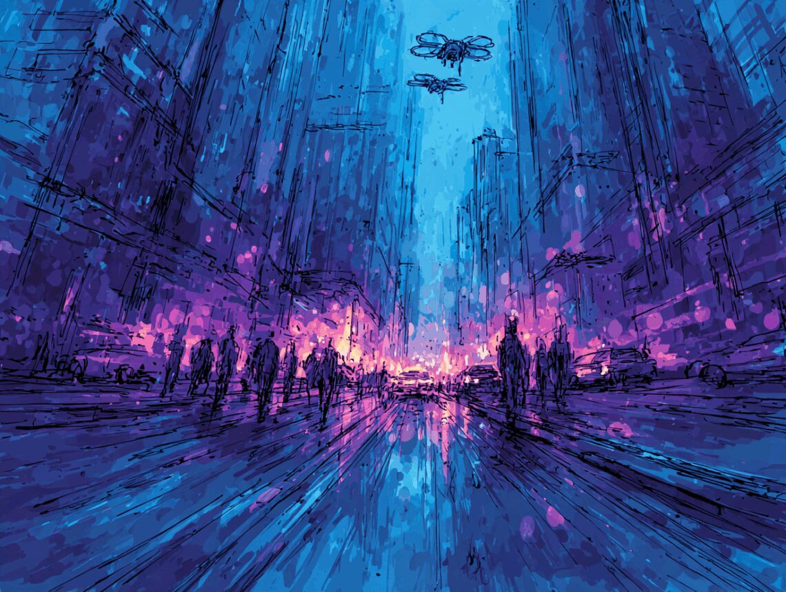 Illustration cyberpunk une ville sous surveillance