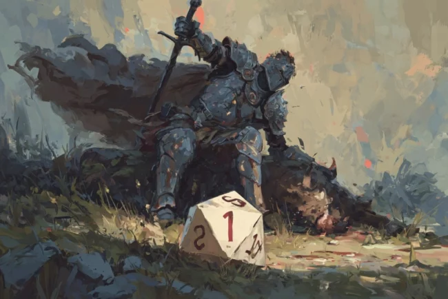 Les 7 Plaisirs Coupables du Maître de Jeu : Ce qui se passe vraiment derrière l'écran 4 Un paladin majestueux en armure étincelante, en pleine chute, tombant la tête la première vers un tas de bouse de vache. Un dé D20 affichant un "1" est bien en évidence au premier plan.