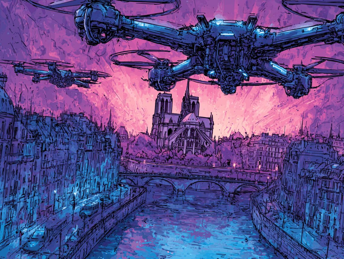 La ville de Paris en 2050 avec des drones dans le ciel
