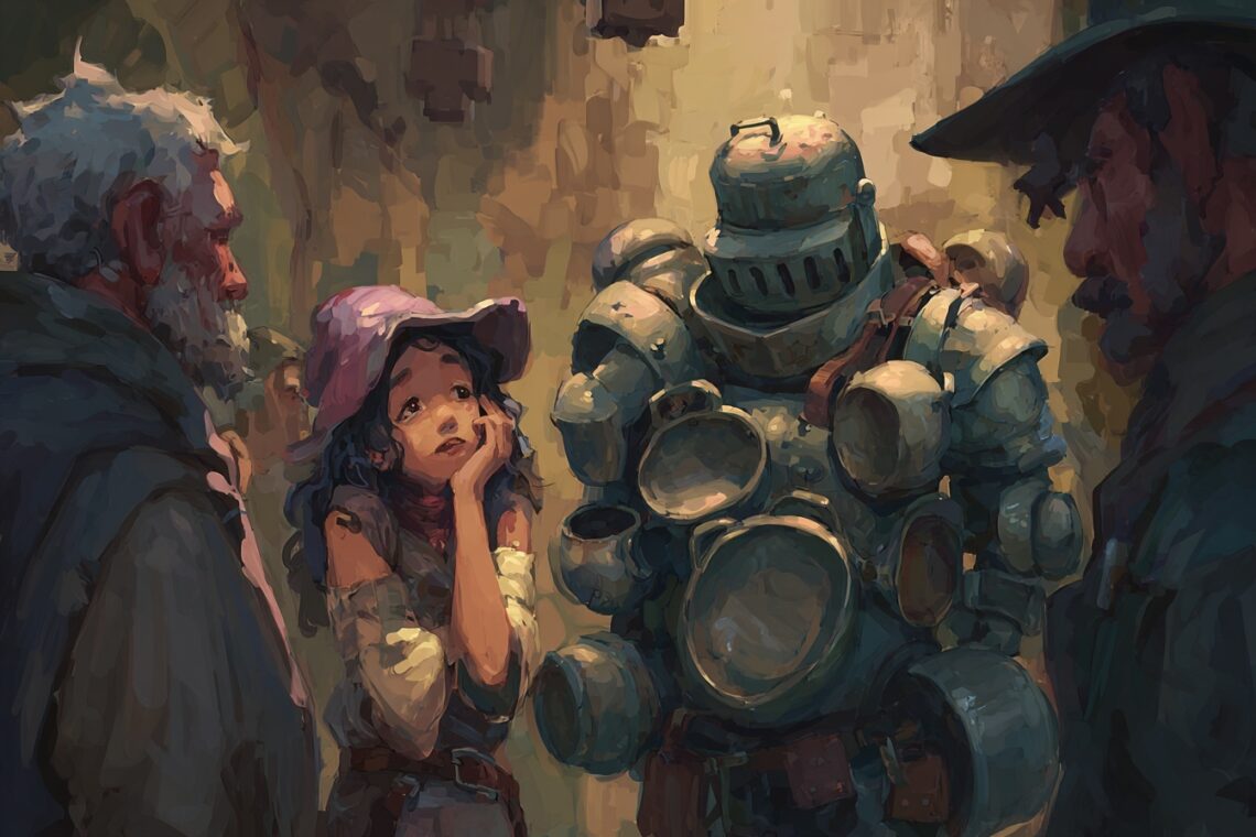 Un petit gobelin attachant, portant une armure improvisée faite de casseroles et de poêles, lève les yeux avec admiration vers un groupe d'aventuriers héroïques.