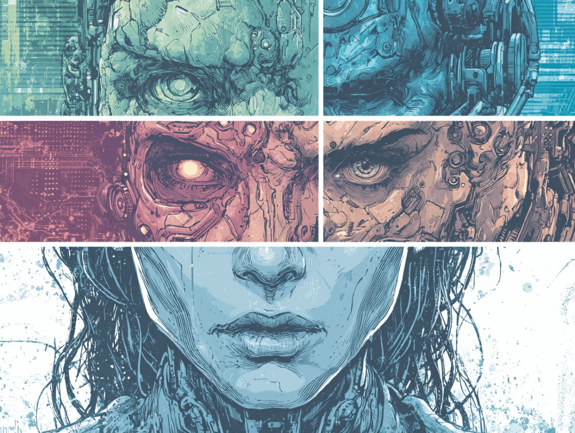 Illustration 5 volets sur la part d'humanité dans le chrome.