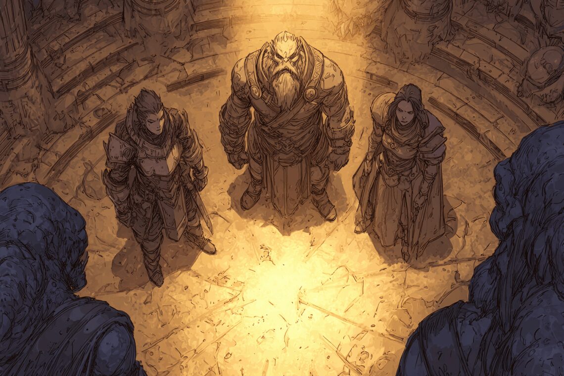 Illustration style BD, un peu Donjons et Dragons, trois aventuriers dans une salle demande audience et il y a une lumière sur le guerrier Orc comme un projecteur.