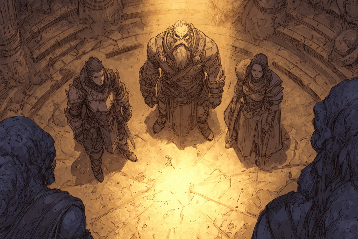 Dagger-Hack : Injectez une nouvelle dynamique dans vos campagnes DnD 5e 7 Illustration style BD, un peu Donjons et Dragons, trois aventuriers dans une salle demande audience et il y a une lumière sur le guerrier Orc comme un projecteur.