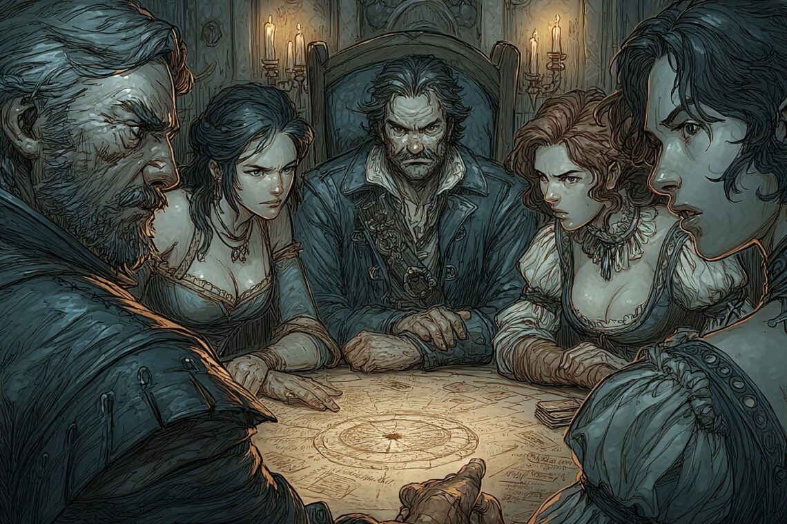 Les 7 Plaisirs Coupables du Maître de Jeu : Ce qui se passe vraiment derrière l'écran 6 Un groupe daventuriers est en plein debat anime mais confus autour dune table 1