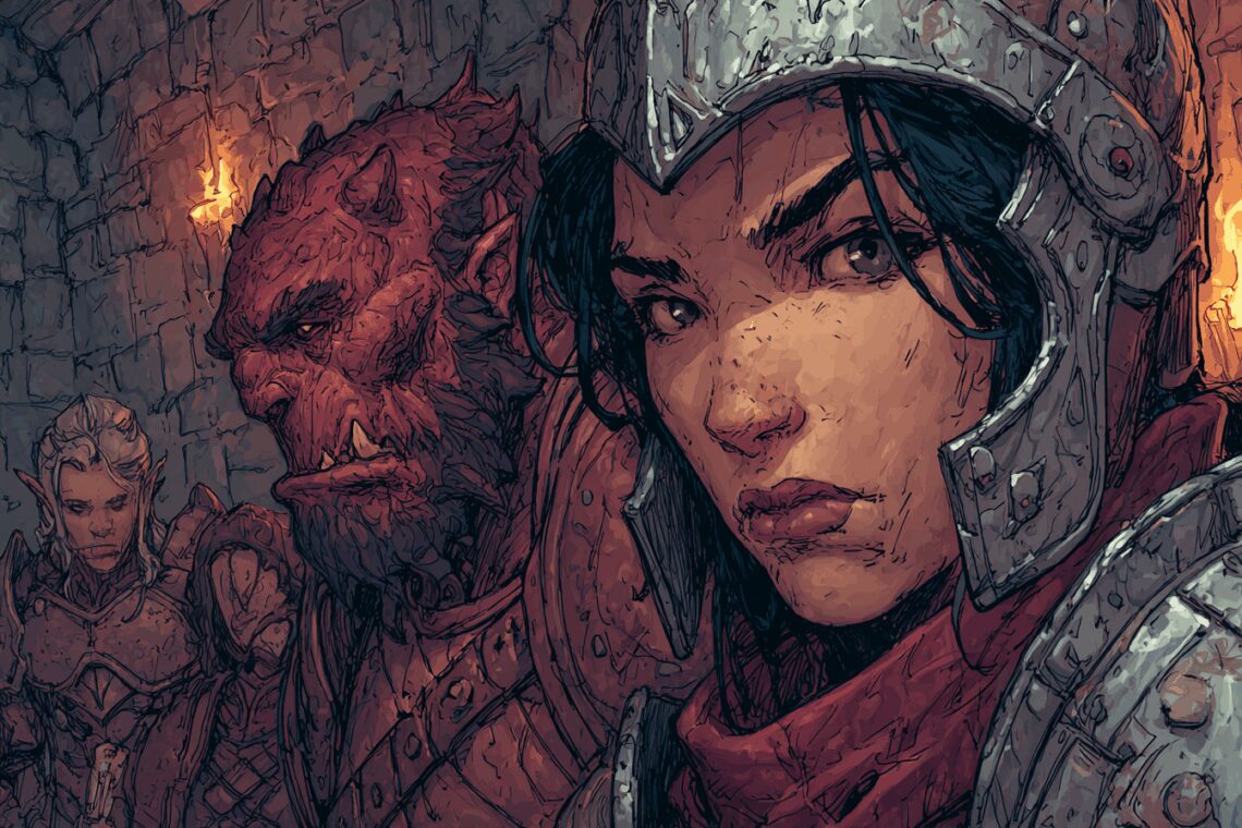 Illustration style Donjons et Dragons. Un groupe de trois guerriers dans une salle. La paladine regarde le lecteur et brise le quatrième mur.