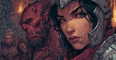 Illustration style Donjons et Dragons. Un groupe de trois guerriers dans une salle. La paladine regarde le lecteur et brise le quatrième mur.