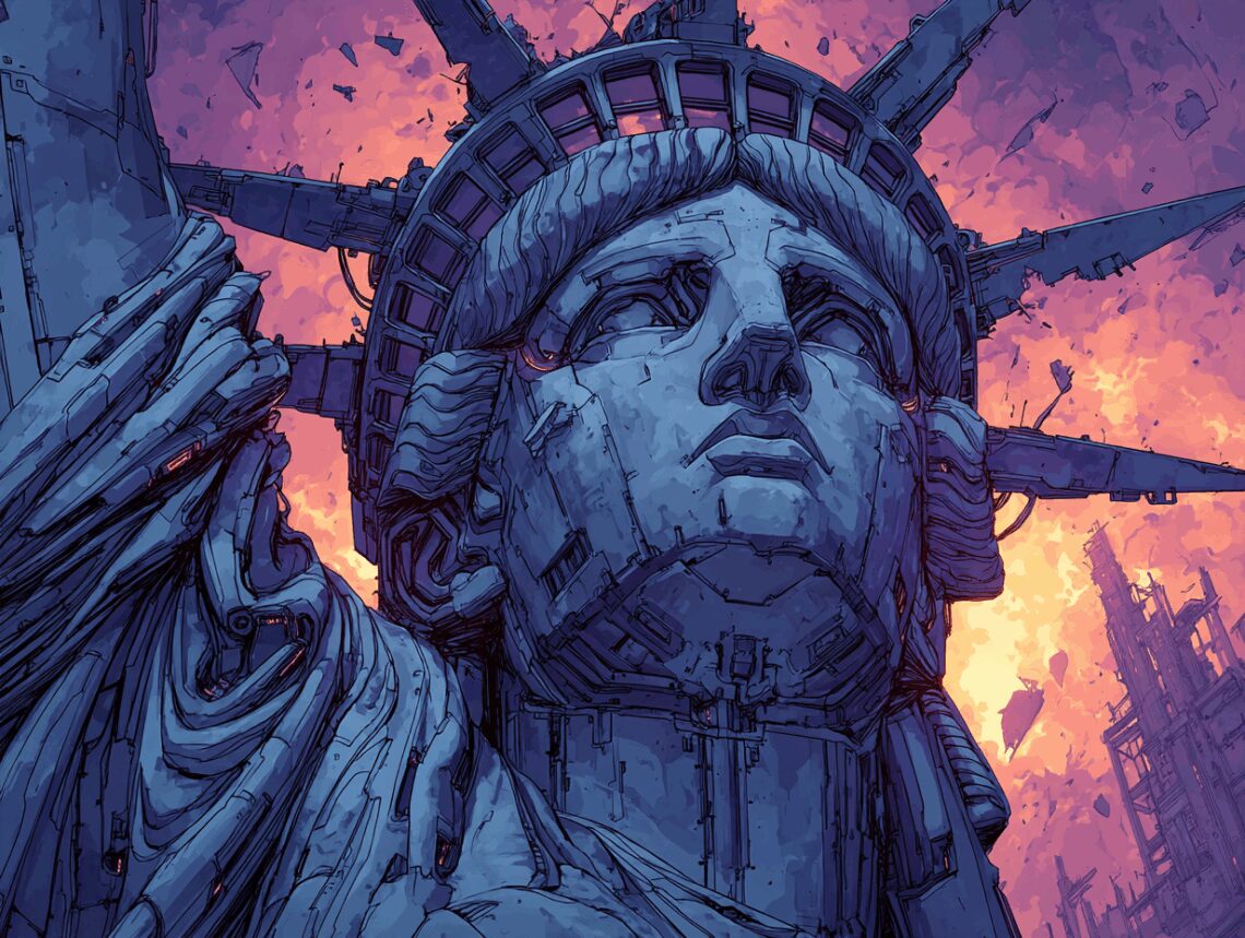 Illustration de la statue de la liberté en version cyberpunk au crépuscule. Dans le fond, on distingue un New York dystopique futuriste.
