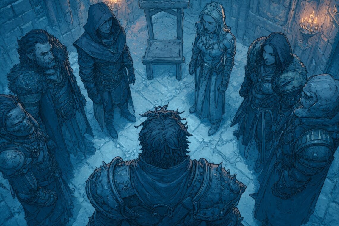 Les 7 Plaisirs Coupables du Maître de Jeu : Ce qui se passe vraiment derrière l'écran 1 un groupe de personnage de donjons et dragons debout dans une pièce de donjon sombre avec uniquement une chaise au milieu, les aventuriers sont en cercle debout et regardent intensément la simple chaise en bois.