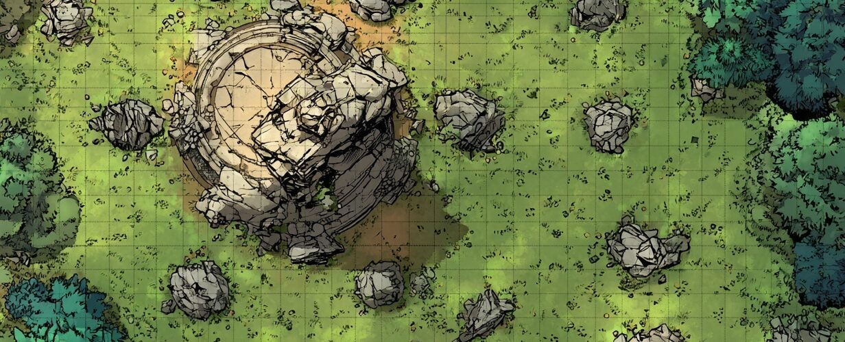 Draw Steel TTRPG (vo) : L'Art de la Guerre Héroïque 2 Vue de dessus une clairière dans une forêt. Illustration battle map avec grille