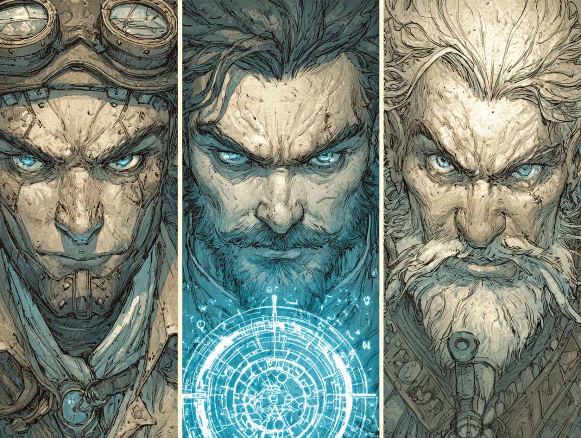 Un triptyque avec trois personnages de Donjons et Dragons optimisateurs.