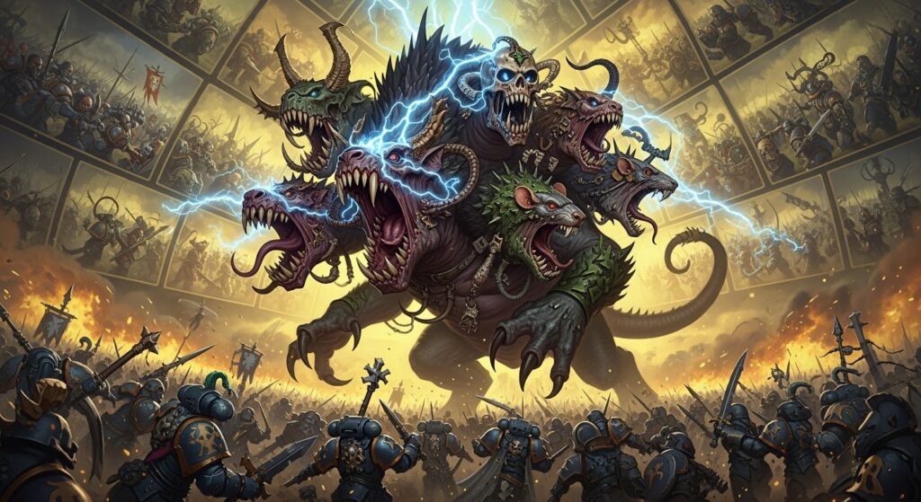 Warhammer en jeu de rôle Le guide pour s'y retrouver entre les éditions 1 Une bête monstrueuse et chaotique entourée d'une armée de créatures.