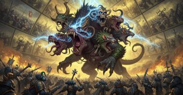 Une bête monstrueuse et chaotique entourée d'une armée de créatures.