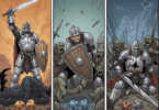 Triptyque d'illustration de chevalier en combat.