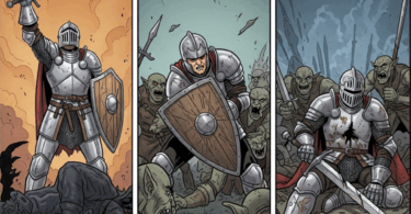 Triptyque d'illustration de chevalier en combat.