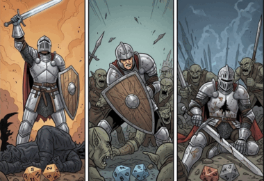 Triptyque d'illustration de chevalier en combat.