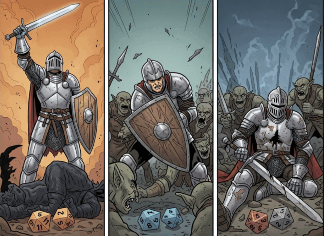 Le PbtA décrypté pour tous les rôlistes 1 Triptyque d'illustration de chevalier en combat.