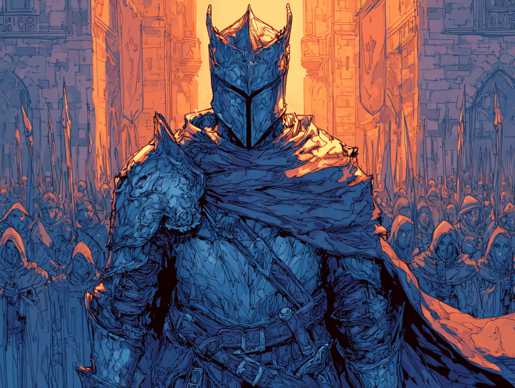 Illustration, un chevalier dans le soleil qui se reflète dans son armure. Derrière lui, une foule l'admire. C'est un gros bill.