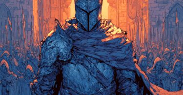 Illustration, un chevalier dans le soleil qui se reflète dans son armure. Derrière lui, une foule l'admire. C'est un gros bill.