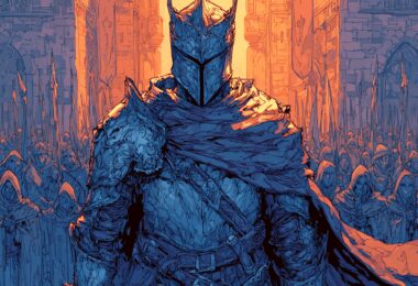 Illustration, un chevalier dans le soleil qui se reflète dans son armure. Derrière lui, une foule l'admire. C'est un gros bill.