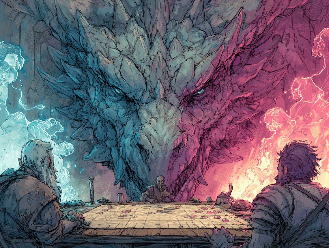 Illustration style D&D, un maître de jeu représenté en termes de puissance par un dragon et devant lui deux joueurs Mini maxeur