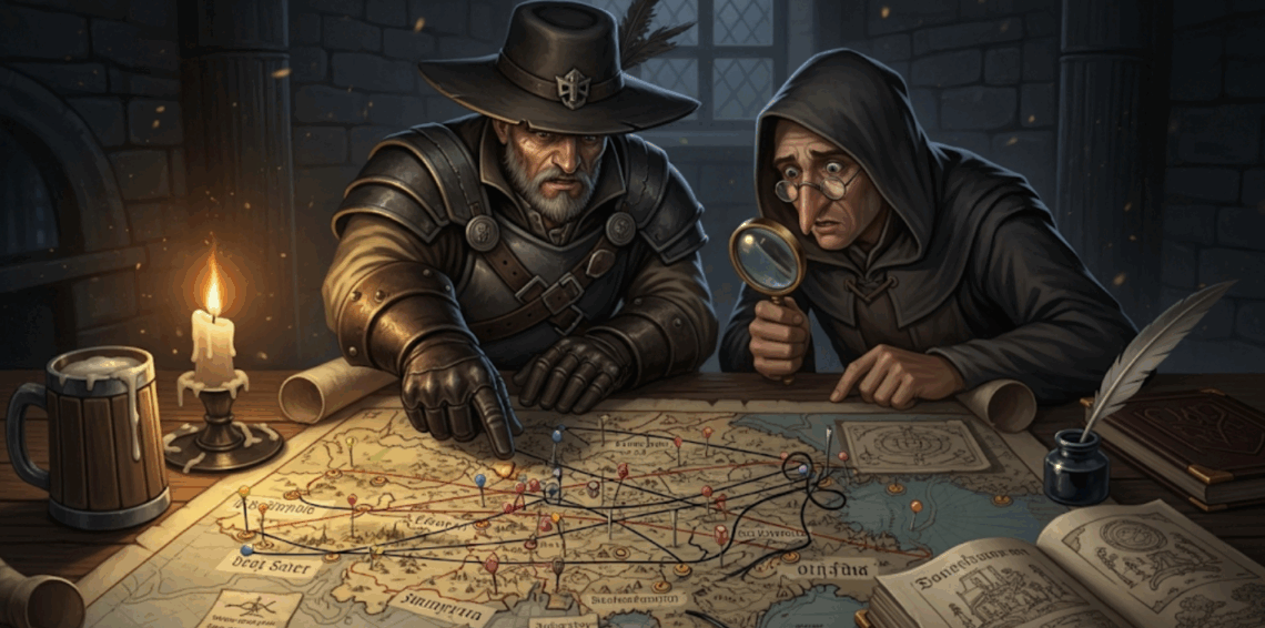 Warhammer en jeu de rôle Le guide pour s'y retrouver entre les éditions 2 Un réfurgateur et un clérique observent une carte du vieux monde.