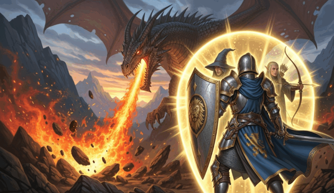 Jouer un Paladin dans Donjons et Dragons 2024 2 un paladin protege son groupe d'un dragon