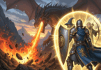 un paladin protege son groupe d'un dragon