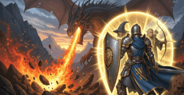 un paladin protege son groupe d'un dragon