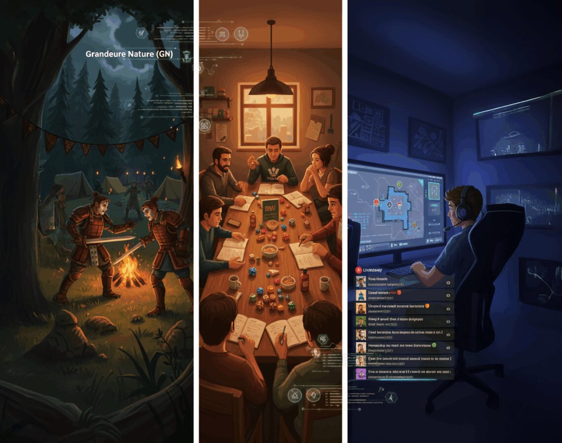 Un triptyque montrant trois scènes de jeu de rôle : un GN avec des personnages en costume près d'un feu de camp en forêt, un groupe autour d'une table avec dés et fiches, et un joueur devant un écran diffusant un liveplay.