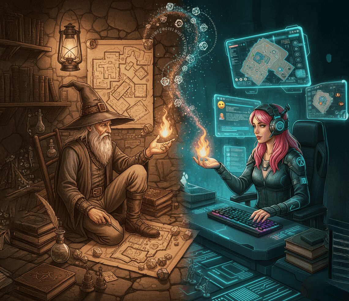 Un contraste frappant entre un vieux sorcier traditionnel jouant avec des cartes et dés papier sur une table de pierre, et une jeune femme moderne avec un casque devant des écrans de VTT, symbolisant l'évolution du jeu de rôle.