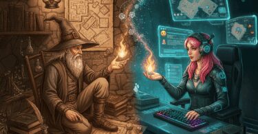 Un contraste frappant entre un vieux sorcier traditionnel jouant avec des cartes et dés papier sur une table de pierre, et une jeune femme moderne avec un casque devant des écrans de VTT, symbolisant l'évolution du jeu de rôle.