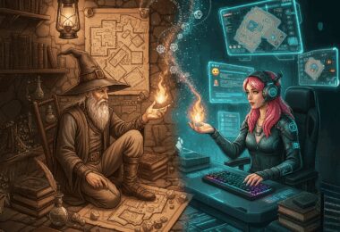 Un contraste frappant entre un vieux sorcier traditionnel jouant avec des cartes et dés papier sur une table de pierre, et une jeune femme moderne avec un casque devant des écrans de VTT, symbolisant l'évolution du jeu de rôle.