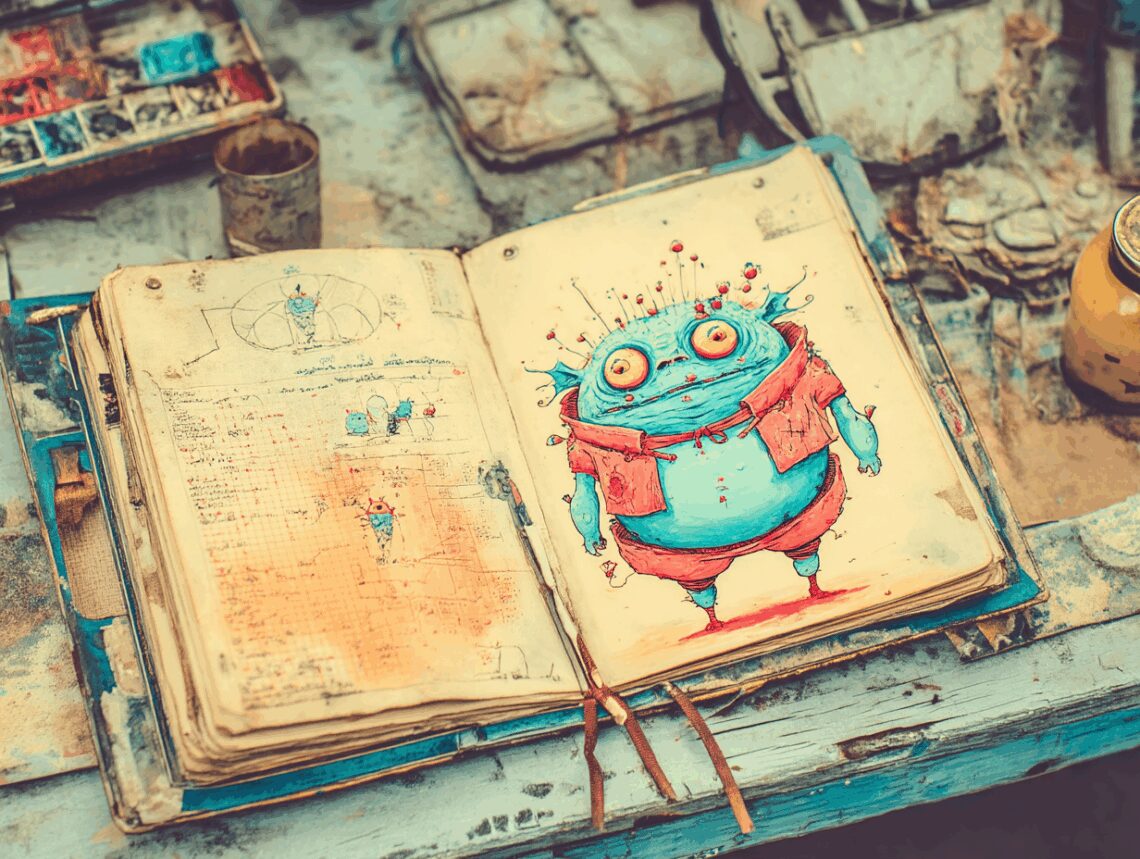 Ancient weathered monster manual book open