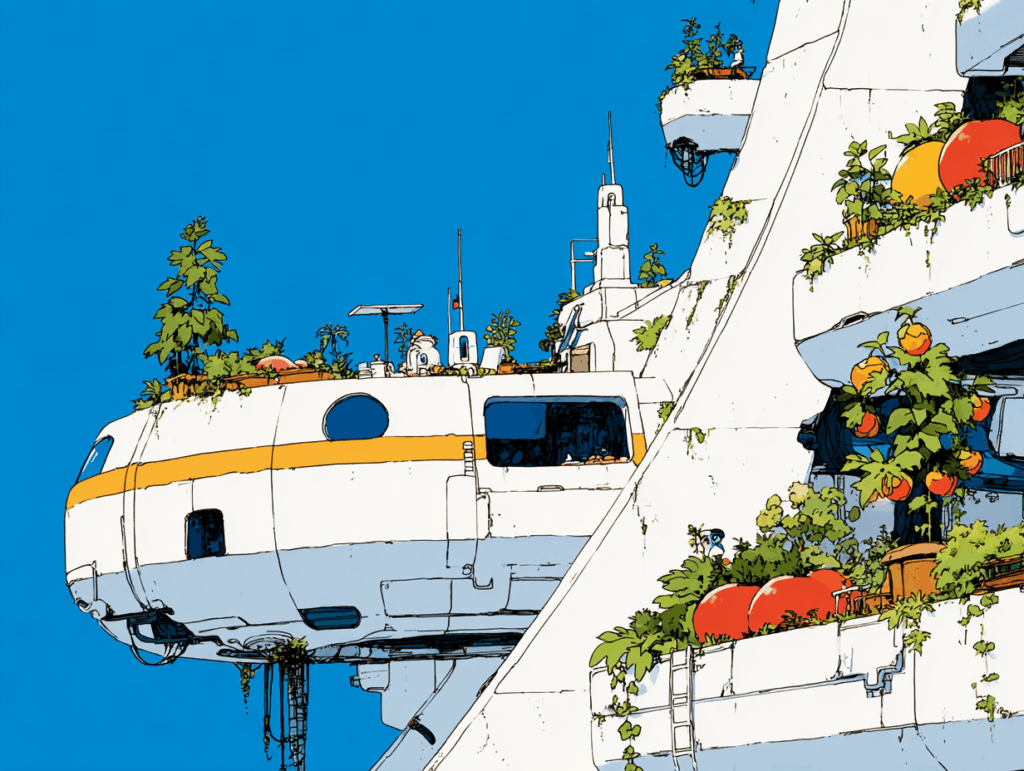 Illustration digitale d'un appartement végétalisé solar-punk