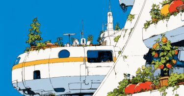 Illustration digitale d'un appartement végétalisé solar-punk