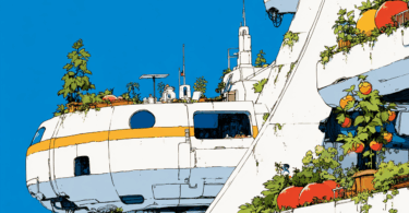 Illustration digitale d'un appartement végétalisé solar-punk