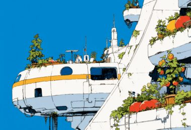 Illustration digitale d'un appartement végétalisé solar-punk