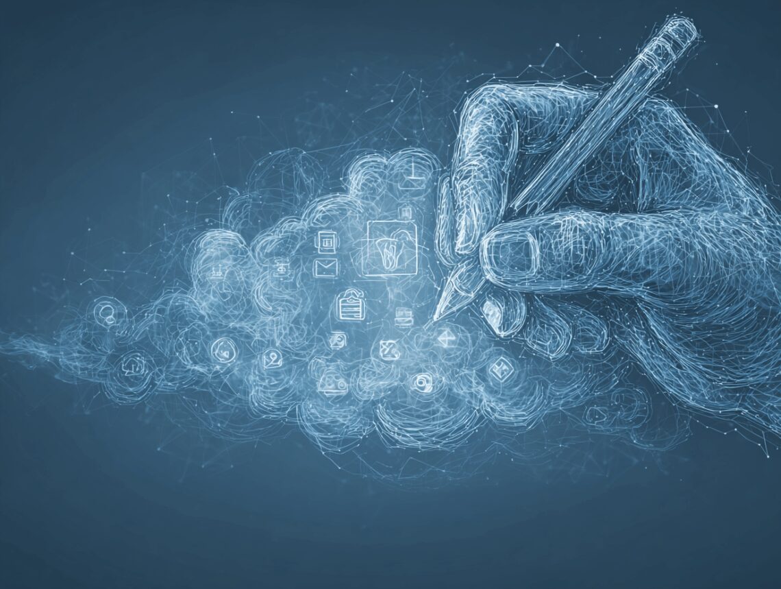 Une main humaine avec un crayon de papier qui dessine dans des nuages de vecteurs pour sculpter une partie de jeu de rôle sur table.