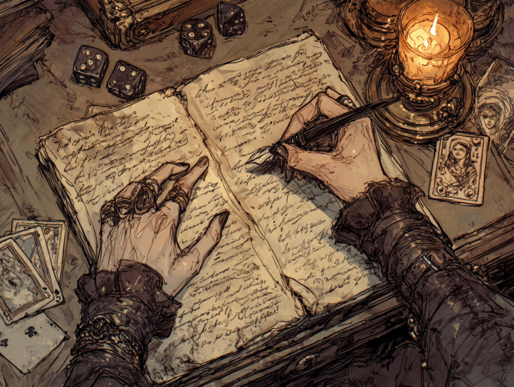 un ancien vampire aux caractéristiques aristocratiques pâles et à la mode d'époques multiples (col de la Renaissance, manteau victorien, montre moderne) assis dans une bibliothèque gothique, tenant un journal en ruines avec des pages fanées où certaines entrées sont rayées ou effacées