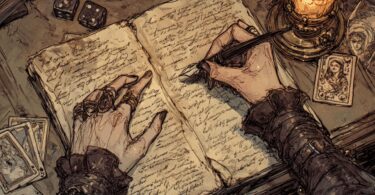 un ancien vampire aux caractéristiques aristocratiques pâles et à la mode d'époques multiples (col de la Renaissance, manteau victorien, montre moderne) assis dans une bibliothèque gothique, tenant un journal en ruines avec des pages fanées où certaines entrées sont rayées ou effacées