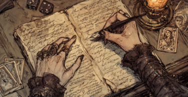 un ancien vampire aux caractéristiques aristocratiques pâles et à la mode d'époques multiples (col de la Renaissance, manteau victorien, montre moderne) assis dans une bibliothèque gothique, tenant un journal en ruines avec des pages fanées où certaines entrées sont rayées ou effacées