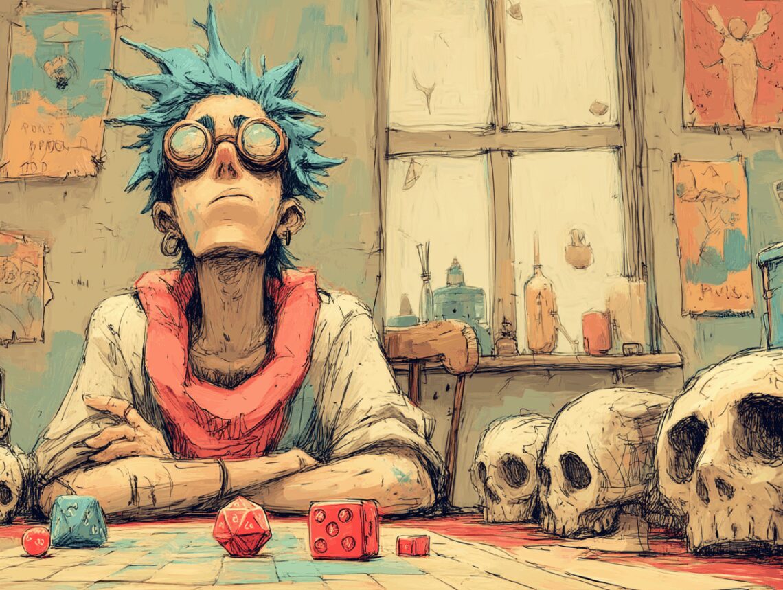 Joueur de jeu de rôle s'ennuyant face à des figurines de gobelins et squelettes classiques sur table de jeu