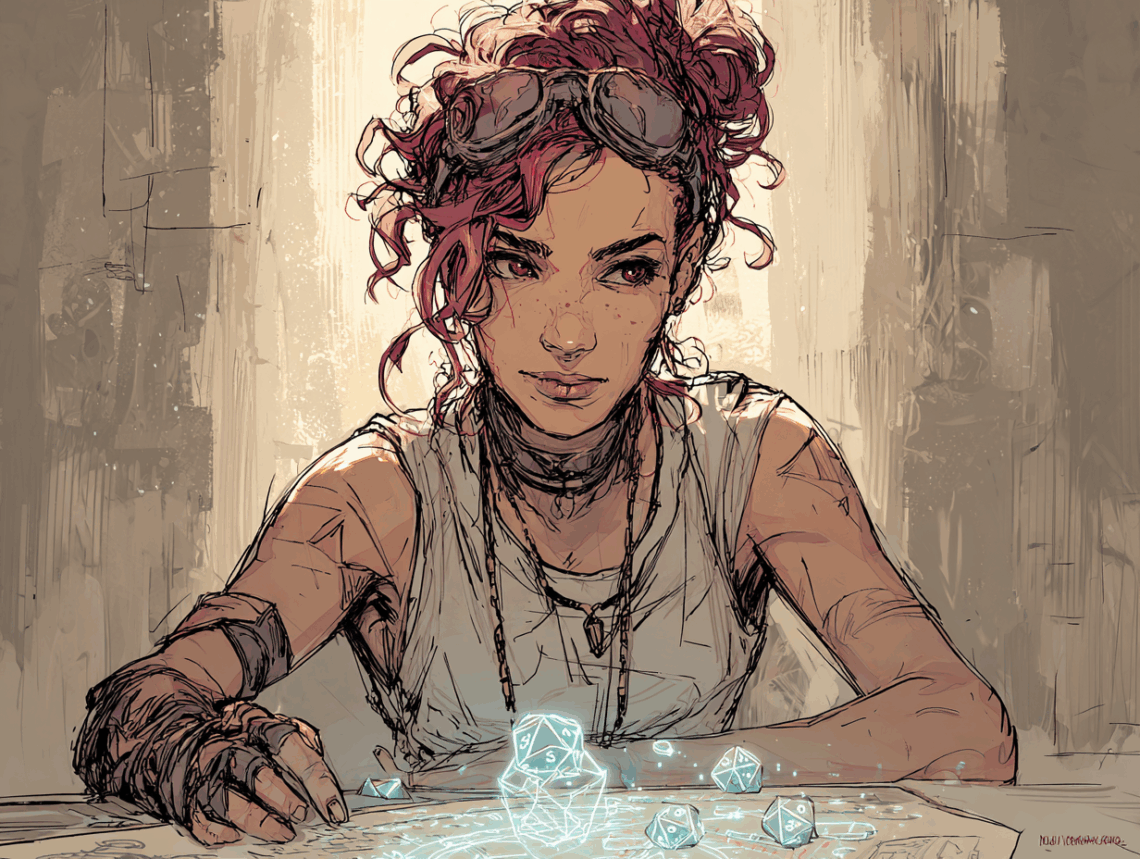 L'IA comme Maître du Jeu : révolution ou simple gadget ? 1 un meneur de jeu femme humain assis à une table de jeu de rôle, avec des dés et des cartes, et une légère lueur numérique ou holographique flottant discrètement au-dessus de la table, symbolisant l'IA "in the middle" comme un assistant invisible plutôt qu'un personnage visible. Style réaliste, ambiance de jeu chaleureuse