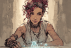 un meneur de jeu femme humain assis à une table de jeu de rôle, avec des dés et des cartes, et une légère lueur numérique ou holographique flottant discrètement au-dessus de la table, symbolisant l'IA "in the middle" comme un assistant invisible plutôt qu'un personnage visible. Style réaliste, ambiance de jeu chaleureuse