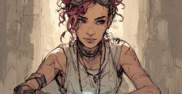 un meneur de jeu femme humain assis à une table de jeu de rôle, avec des dés et des cartes, et une légère lueur numérique ou holographique flottant discrètement au-dessus de la table, symbolisant l'IA "in the middle" comme un assistant invisible plutôt qu'un personnage visible. Style réaliste, ambiance de jeu chaleureuse