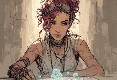 un meneur de jeu femme humain assis à une table de jeu de rôle, avec des dés et des cartes, et une légère lueur numérique ou holographique flottant discrètement au-dessus de la table, symbolisant l'IA "in the middle" comme un assistant invisible plutôt qu'un personnage visible. Style réaliste, ambiance de jeu chaleureuse