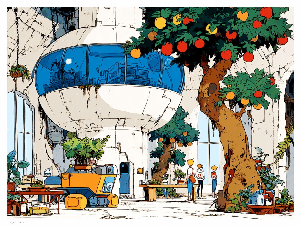 Un arbre au milieu du marché. Illustration cyberpunk éco-responsable